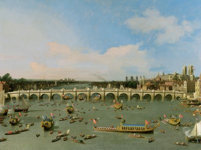 Pont de Westminster, Londres, avec la procession du Lord Maire sur la Tamise - Giovanni Antonio Canal